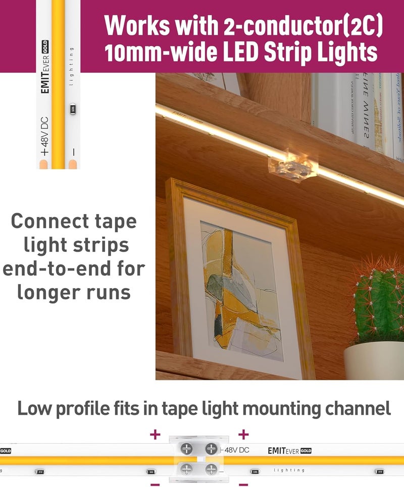 EMITEVER ​ 10mm LED Strip Connectors,12 Packs LED Tape Light Terminal Block Connector 2-pin Solderless Tighten Screw Transparent Tape to Tape Connectors for 5V 12V 24V 48V 10mm Width LED Strip Lights​ - Image 3